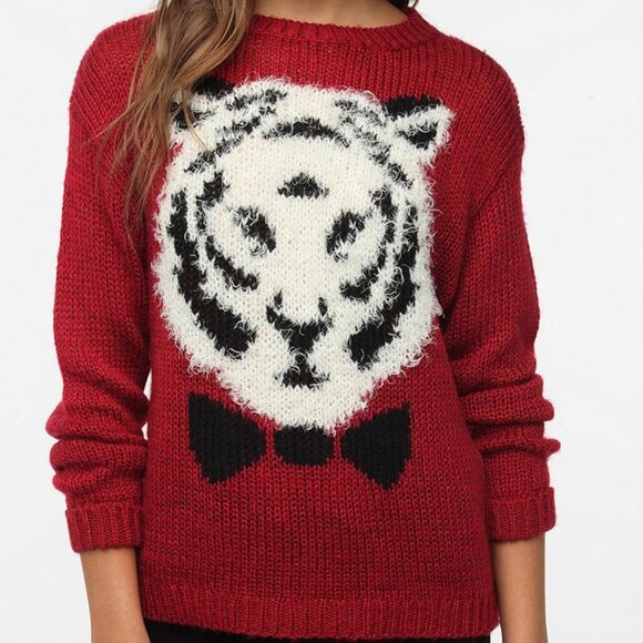 Pins and Needles Urban Outfitters Flocked Red Sweater White Tiger S - Picture 1 of 7